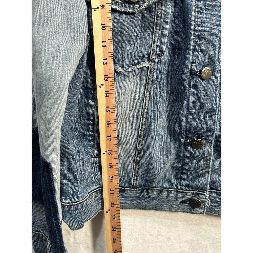 Free People Studded Blue Pub Crawl Denim Jean Jacket Distressed Large L‎ - Picture 8 of 11